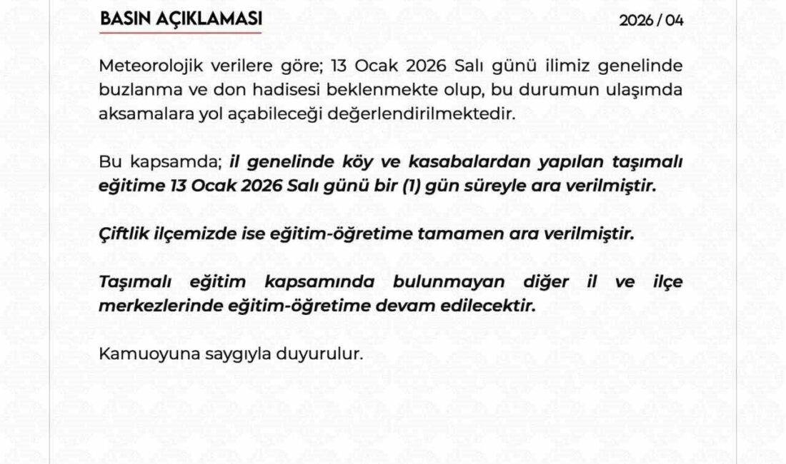Niğde Valiliği, meteorolojik veriler doğrultusunda il genelinde beklenen buzlanma ve