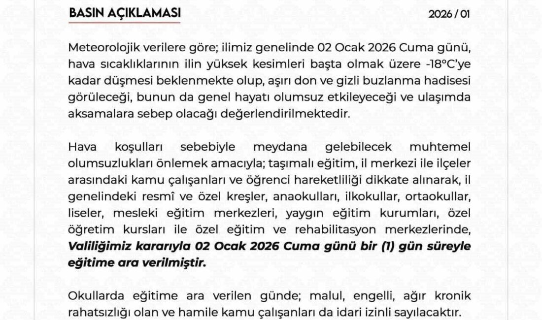 Niğde Valiliği, olumsuz hava şartları nedeniyle eğitime 1 gün süreyle