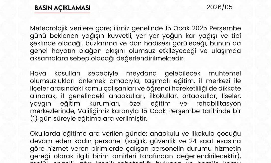 Niğde Valiliği, meteorolojik veriler doğrultusunda il genelinde beklenen olumsuz hava