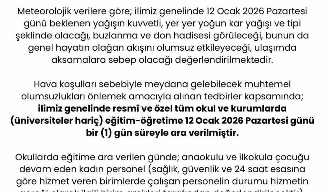 Sakarya’da beklenen kar yağışı ve olumsuz hava şartları nedeniyle il