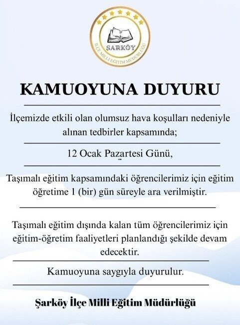 Tekirdağ’ın şarköy ilçesinde olumsuz hava şartları nedeniyle taşımalı eğitim kapsamındaki