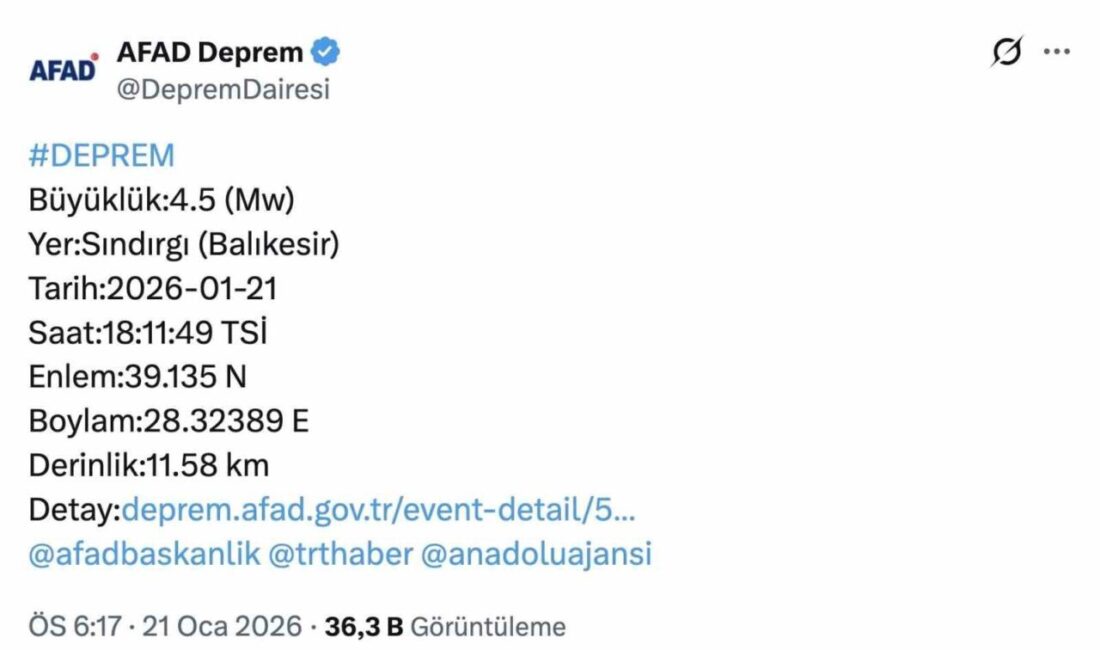 Balıkesir’in Sındırgı ilçesinde meydana gelen 4.5 büyüklüğündeki deprem Bursa’da da
