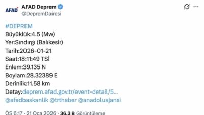 Balıkesir’in Sındırgı ilçesinde meydana gelen 4.5 büyüklüğündeki deprem Bursa’da da