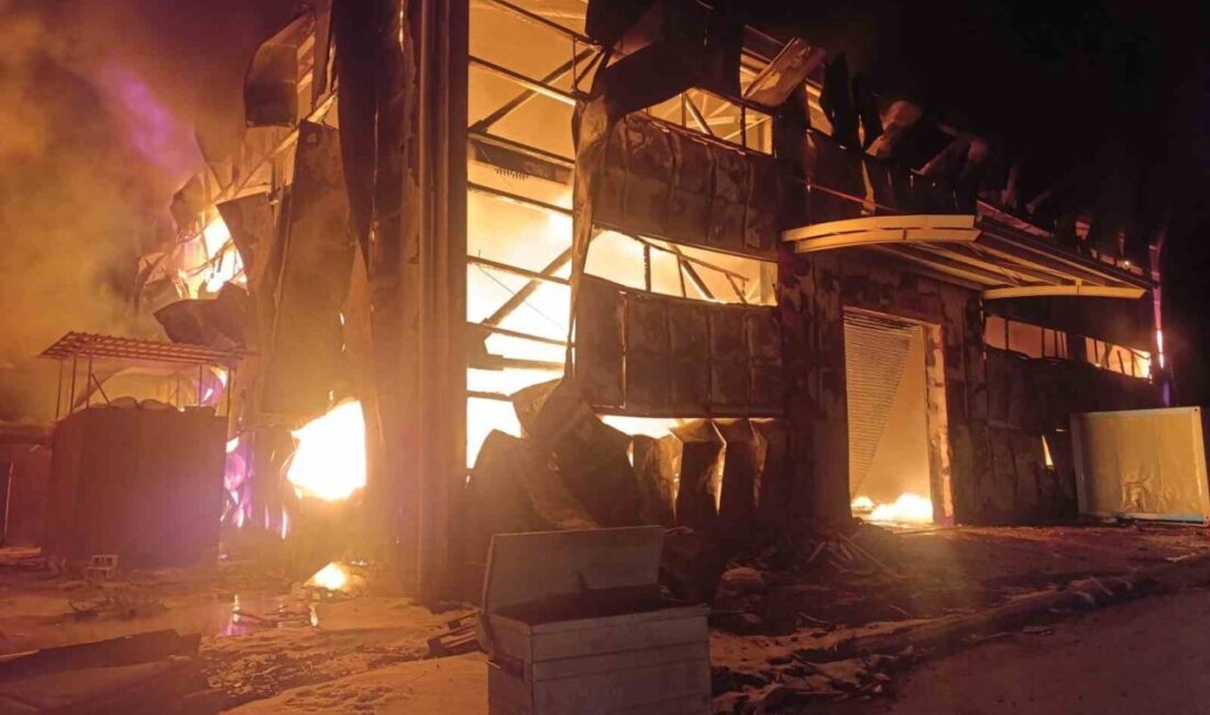 Hatay’da sanayi sitesi içerisinde bulunan sünger deposunda çıkan yangında, alevler