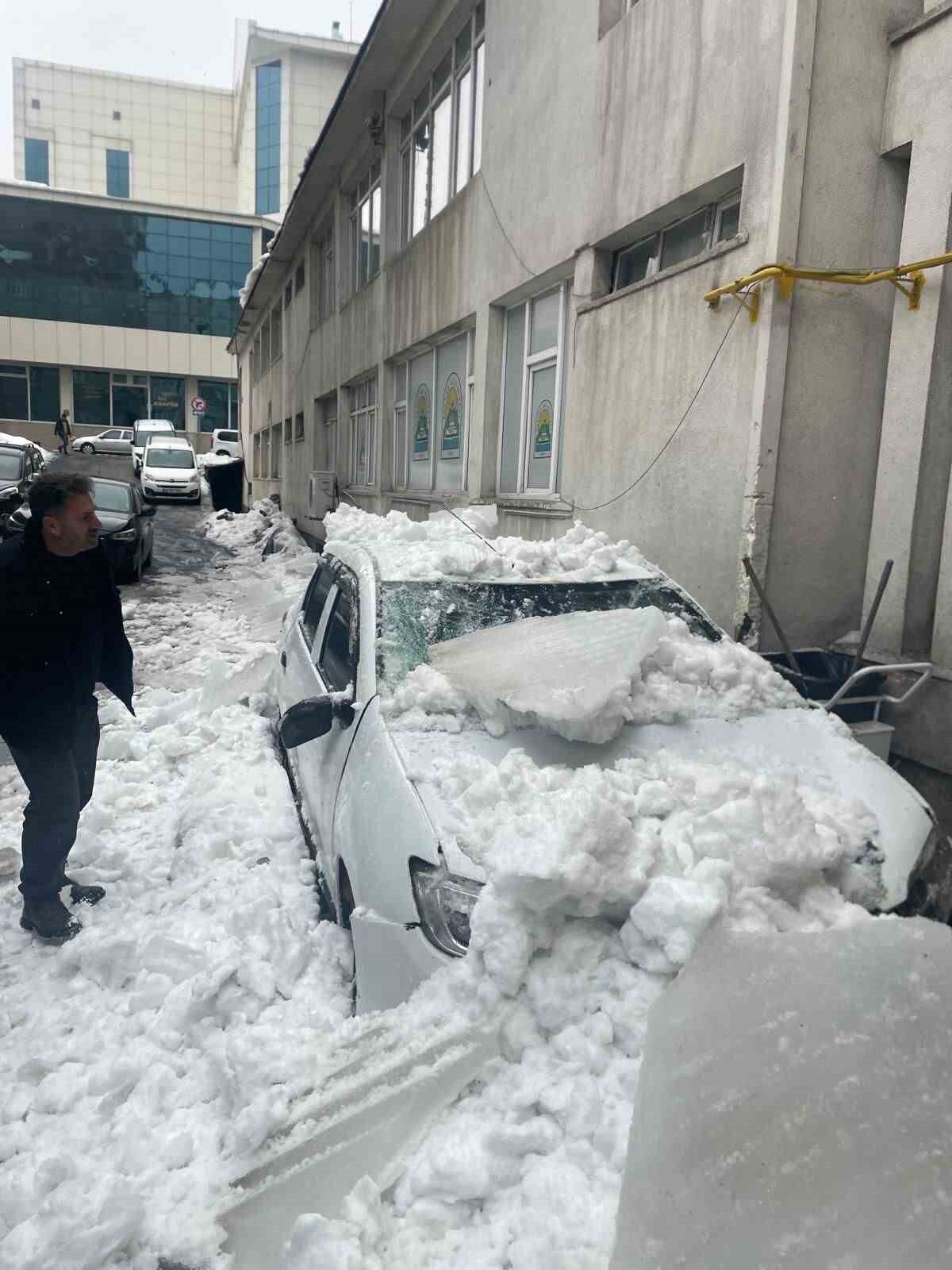 Bitlis’in Tatvan ilçesinde çatısında biriken kar kütlelerinin düşmesi sonucu park