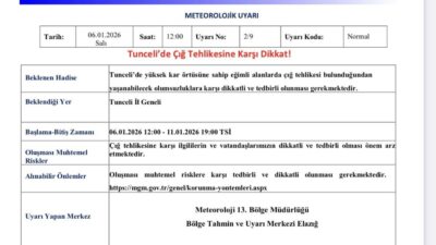 Meteoroloji 13. Bölge Müdürlüğü, Tunceli için çığ uyarısında bulundu. Meteoroloji