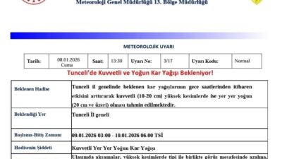 Meteoroloji 13. Bölge Müdürlüğü, Tunceli için kuvvetli ve yoğun kar