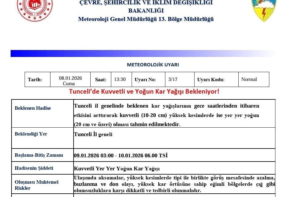 Meteoroloji 13. Bölge Müdürlüğü, Tunceli için kuvvetli ve yoğun kar
