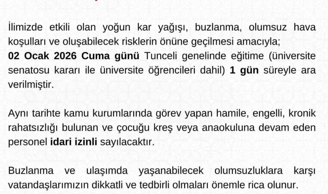Tunceli’de yoğun kar yağışı ve buzlanma nedeniyle üniversite dahil olmak