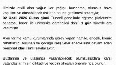 Tunceli’de yoğun kar yağışı ve buzlanma nedeniyle üniversite dahil olmak