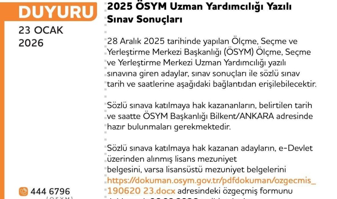 Ölçme, Seçme ve Yerleştirme Merkezi (ÖSYM), Uzman Yardımcılığı Sınavı sonuçlarının