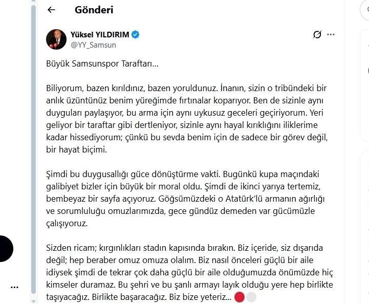 SAMSUN (İHA) – Samsunspor Başkanı Yüksel Yıldırım, ligin ikinci yarısı