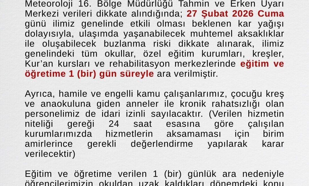 Ağrı genelinde etkili olması beklenen kar yağışı nedeniyle eğitime 1