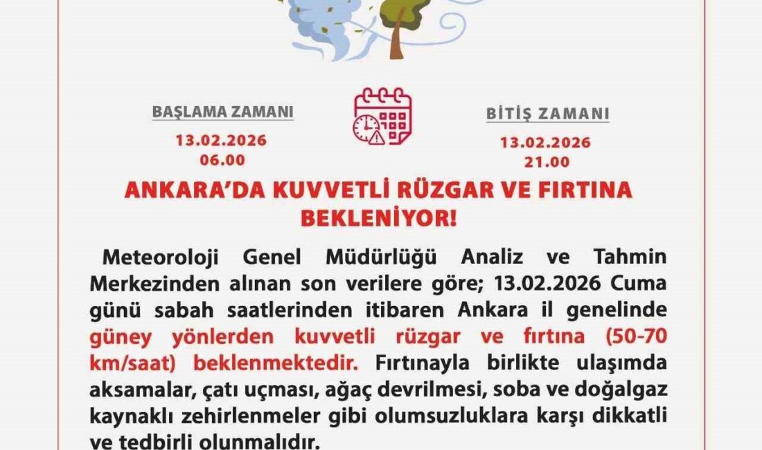 Ankara Valiliği, yarın kent genelinde kuvvetli rüzgar ve fırtına beklendiğini
