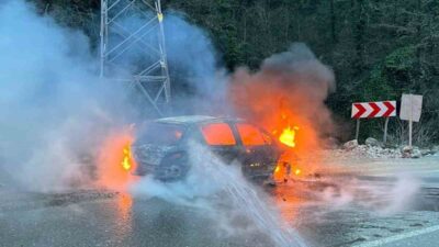 Artvin’de Borçka-Hopa karayolunda Cankurtaran Tüneli mevkisinde seyir halindeyken alevlere teslim