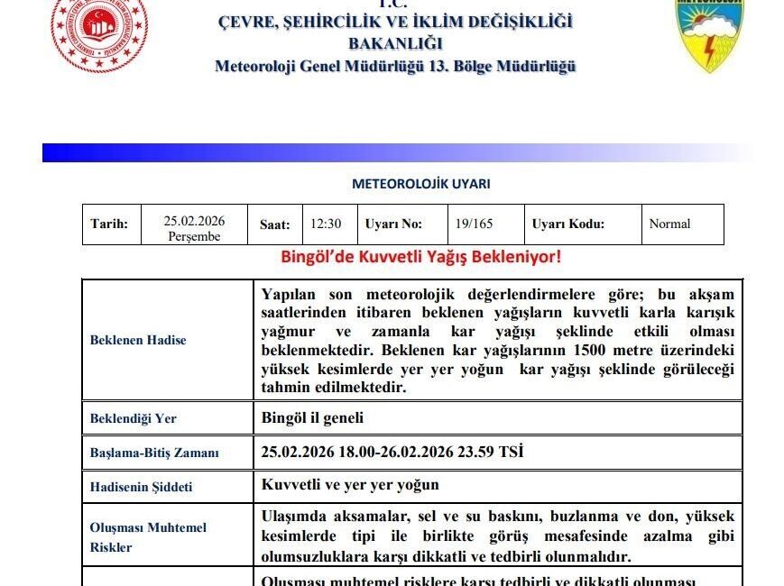 Meteoroloji 13. Bölge Müdürlüğü, Bingöl için kuvvetli yağış uyarısı yaptı.