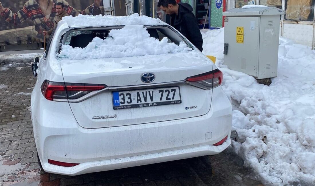 Bingöl’ün Karlıova ilçesinde havaların yumuşamasıyla çatıdan düşen kar kütlesi, park