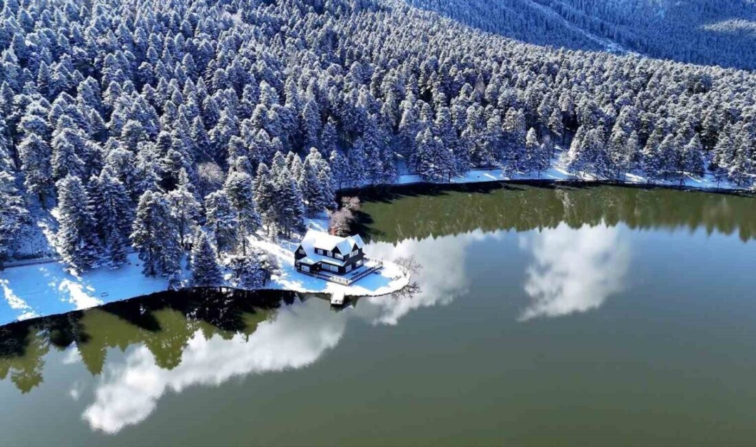 Bolu’nun doğa harikası Gölcük Tabiat Parkı, kar yağışının ardından beyaz