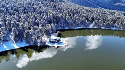 Bolu’nun doğa harikası Gölcük Tabiat Parkı, kar yağışının ardından beyaz