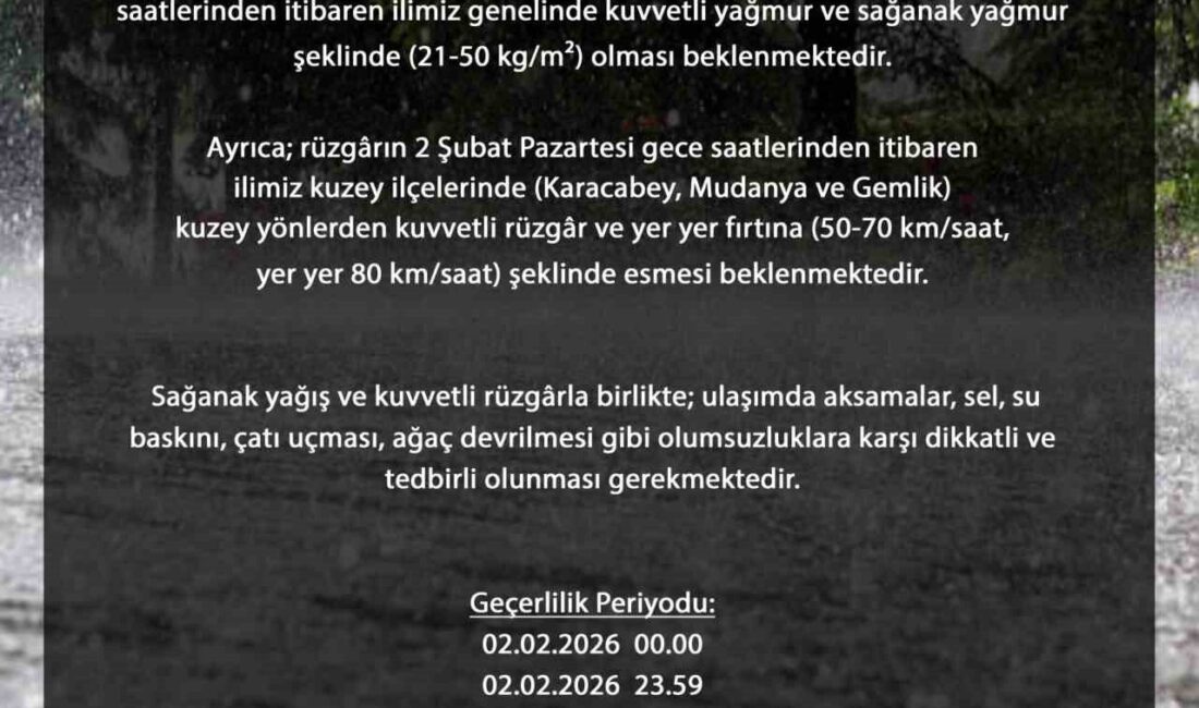 Bursa genelinde 2 Şubat Pazartesi günü öğle saatlerinden itibaren kuvvetli