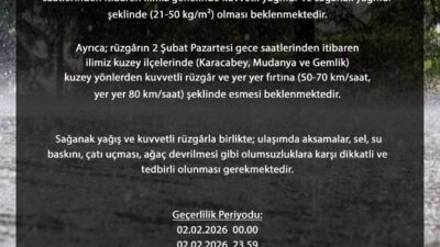 Bursa genelinde 2 Şubat Pazartesi günü öğle saatlerinden itibaren kuvvetli