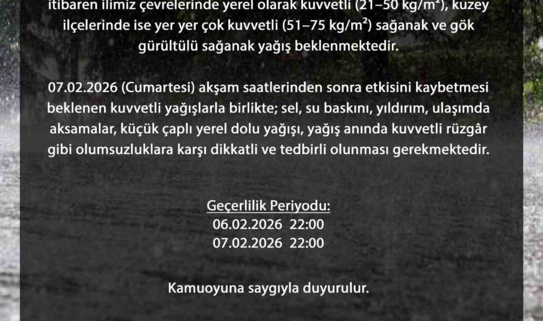 Bursa Valiliği, kent genelinde etkili olması beklenen kuvvetli sağanak ve