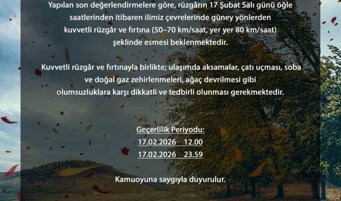 Bursa Valiliği, il genelinde etkili olması beklenen kuvvetli rüzgâr ve