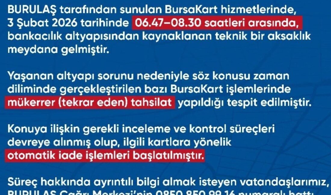 Bursa’da yaşanan bir teknik arıza sebebiyle toplu ulaşım kartlarında yolculardan