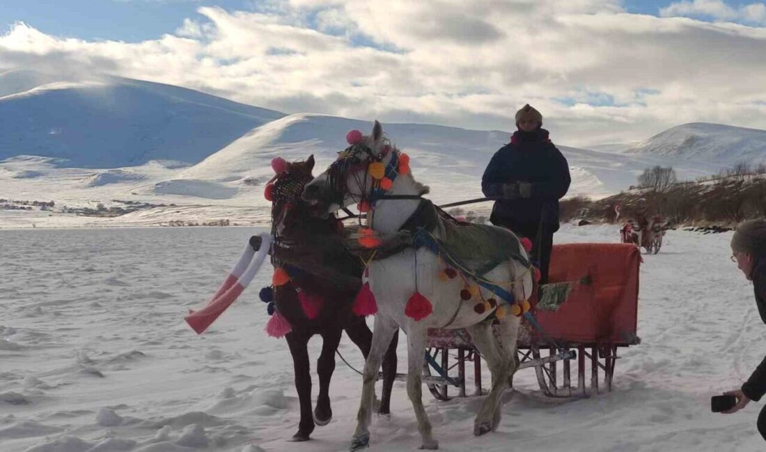 Yüzeyi tamamen donan Çıldır Gölü’ne gelen turistler, kar ve buz