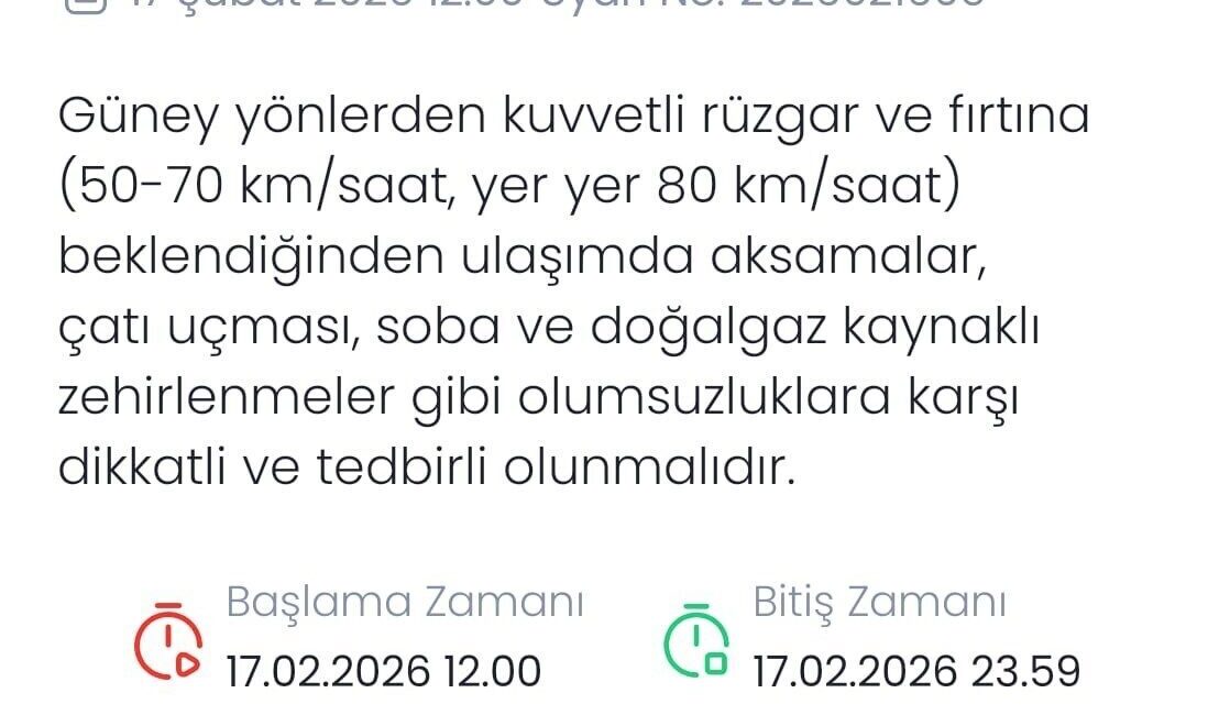 Meteoroloji Genel Müdürlüğü, Denizli için kuvvetli rüzgar ve fırtına uyarısı