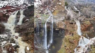 Hakkari’nin Derecik ilçesinde etkili olan kar ve yağmurlarla birlikte şelaleler