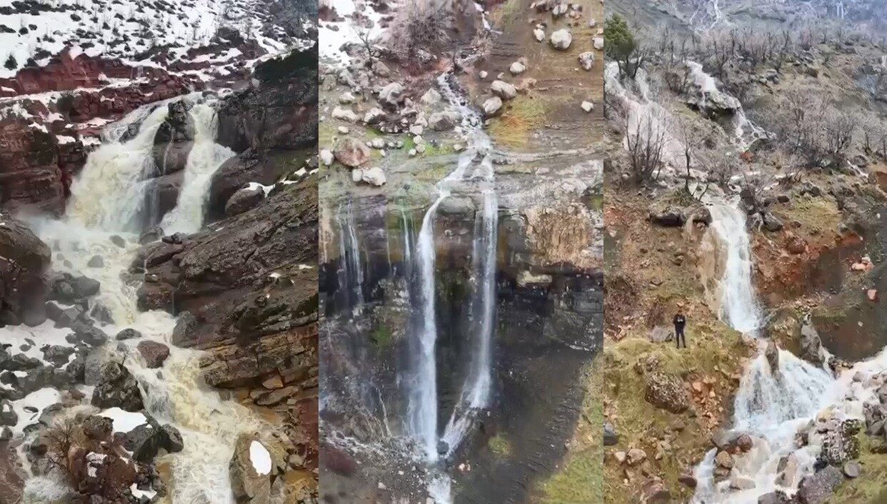 Hakkari’nin Derecik ilçesinde etkili olan kar ve yağmurlarla birlikte şelaleler