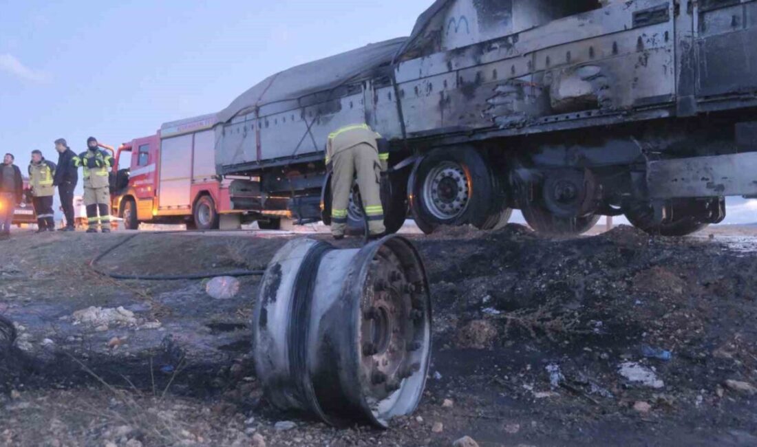 Karaman’da seyir halindeki mermer yüklü tırın dorsesinde çıkan yangın, köylülerin