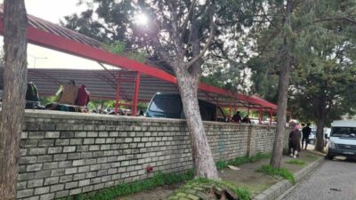 Aydın’ın Efeler ilçesinde şiddetli rüzgar nedeniyle devrilen ağaç pazaryeri duvarı