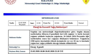 Meteoroloji 13. Bölge Müdürlüğü, Elazığ için kuvvetli yağış uyarısı yaptı.