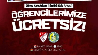 Elazığspor, haftasonu oynanacak olan Şanlıurfaspor maçı için ücretsiz bilet kararı