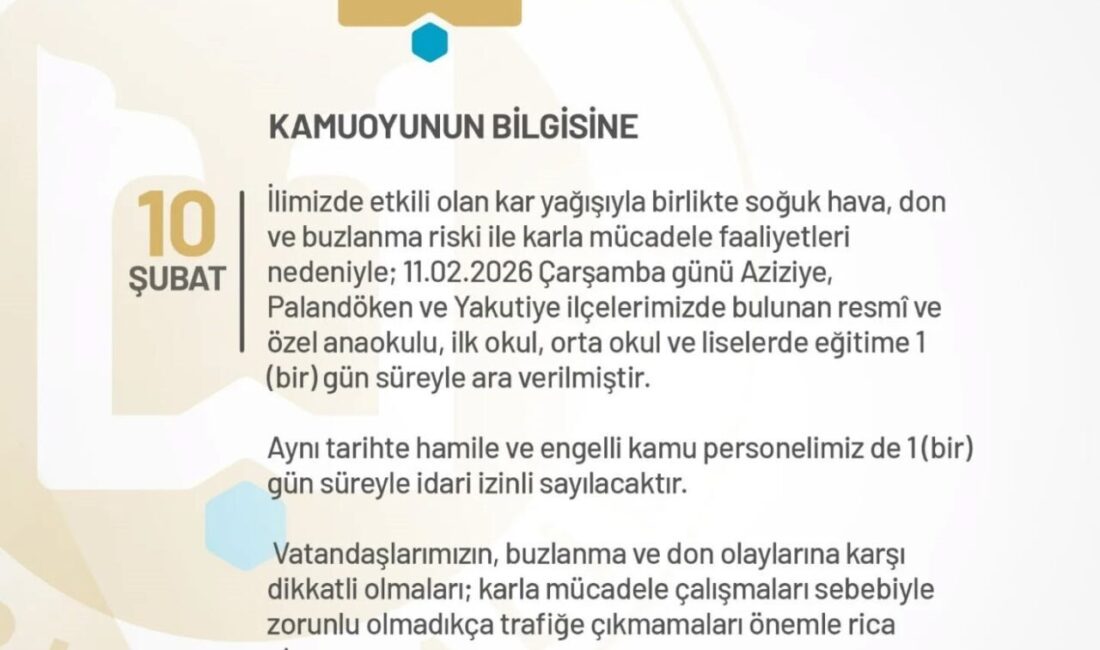 Erzurum’da iki gündür şiddetli şekilde devam eden kar yağışı nedeniyle;