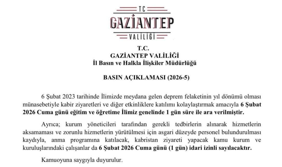 Gaziantep Valiliği, 6 Şubat 2023’te meydana gelen deprem felaketinin yıl