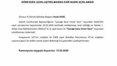 Giresun’un Görele İlçe Belediye Başkanı Hasbi Dede, İçişleri Bakanlığınca görevden