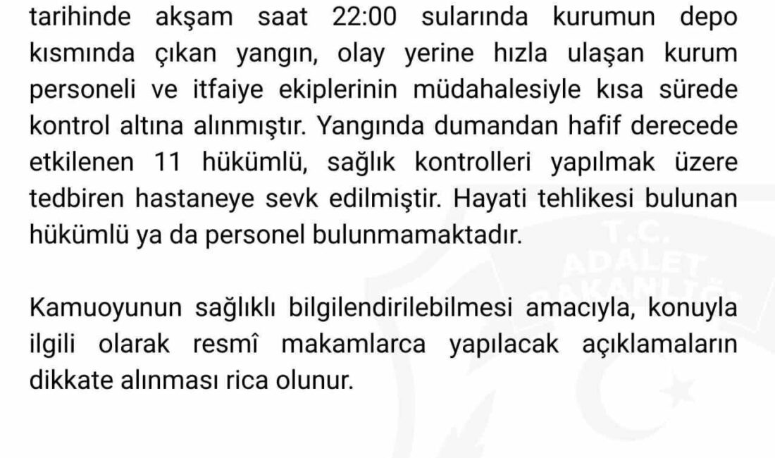 Hendek Kadın Açık Ceza İnfaz Kurumu’nda yangın çıktı. Yangında dumandan