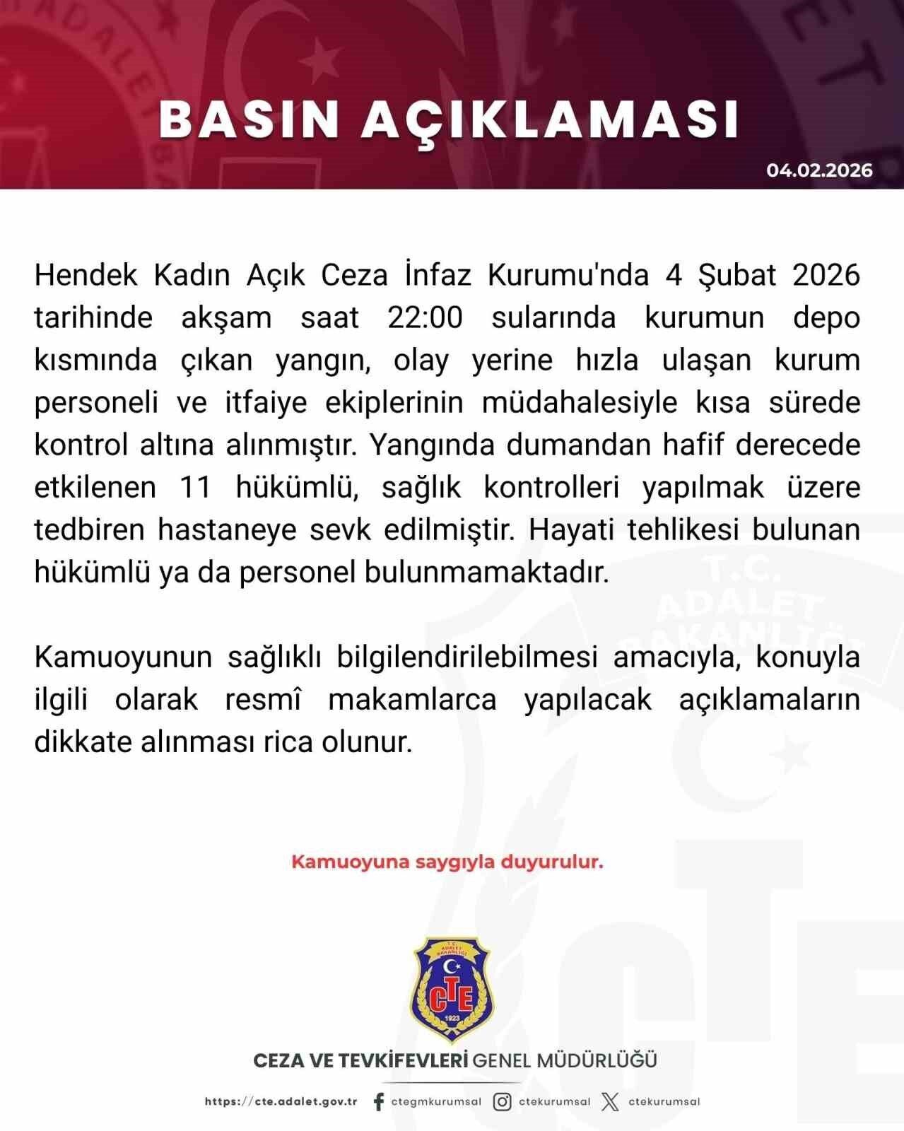 Hendek Kadın Açık Ceza İnfaz Kurumu’nda yangın çıktı. Yangında dumandan