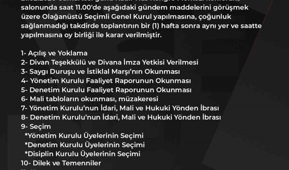 Süper Lig ekiplerinden Kayserispor’un Seçimli Olağanüstü Genel Kurulu 21 Şubat