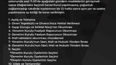 Süper Lig ekiplerinden Kayserispor’un Seçimli Olağanüstü Genel Kurulu 21 Şubat