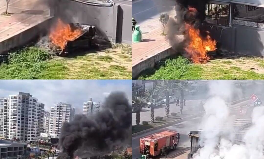 Mersin’de kontrolden çıkarak iş yerinin duvarına çarpan otomobil alev aldı,