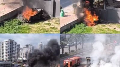 Mersin’de kontrolden çıkarak iş yerinin duvarına çarpan otomobil alev aldı,