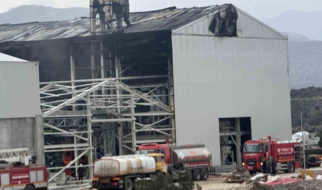 Muğla’nın Milas ilçesinde inşaat halindeki fabrikada çıkan yangın ekiplerin müdahalesi
