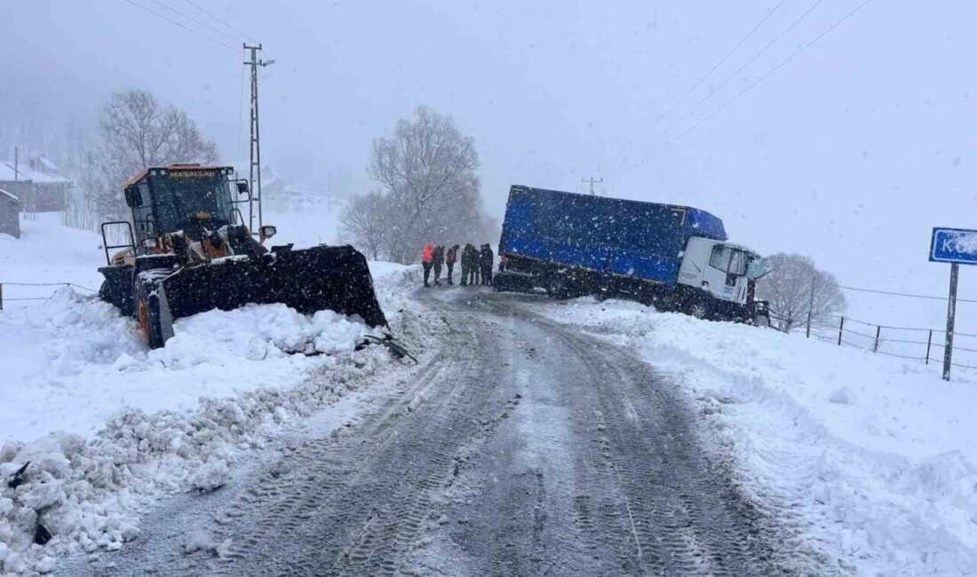 Muş’un Varto ilçesinde kar temizleme çalışması yapan iş makinesiyle tırın