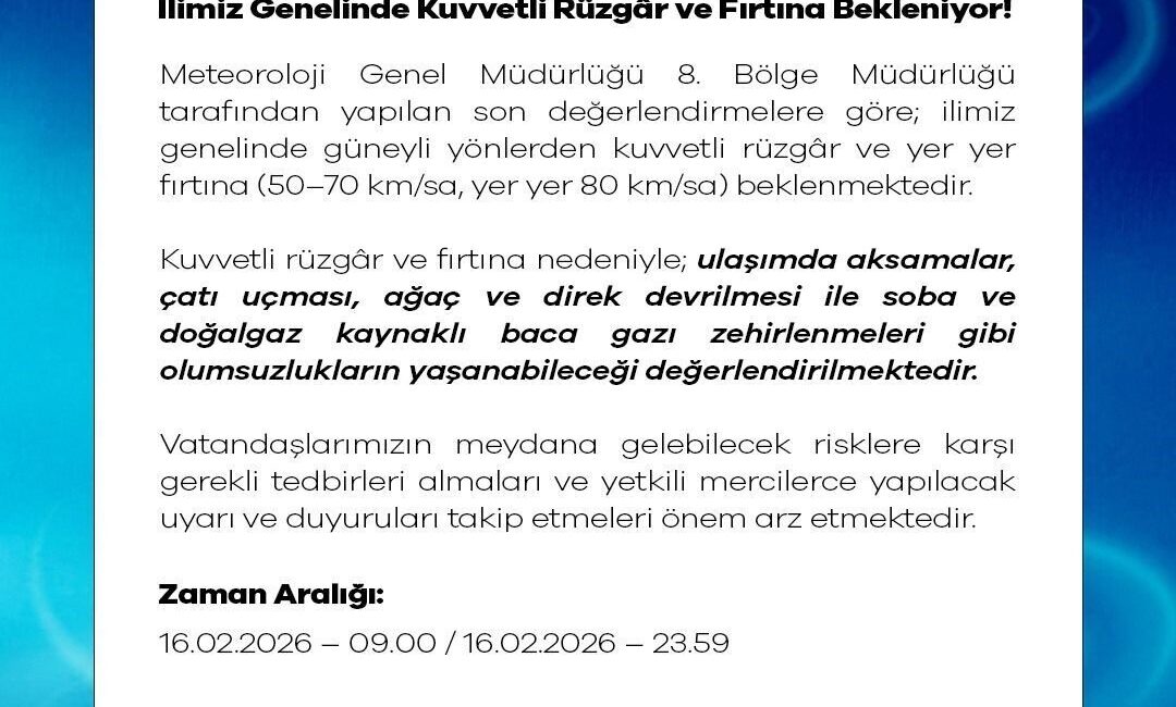 Niğde Valiliği, il genelinde etkili olması beklenen kuvvetli rüzgar ve
