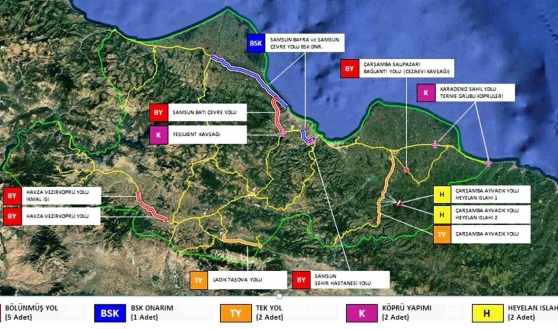 Karayolları 7. Bölge Müdürlüğü tarafından Samsun’da sürdürülen yol projelerinin toplam