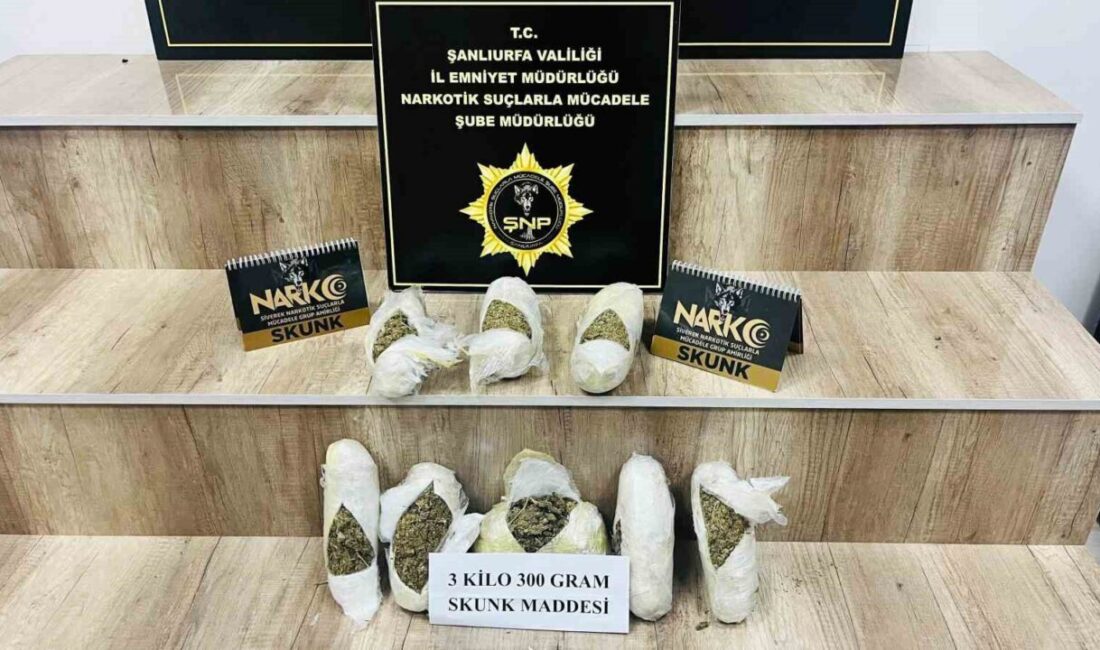 Şanlıurfa’da narkotik ekiplerince düzenlenen operasyonda 3 kilo 300 gram skunk